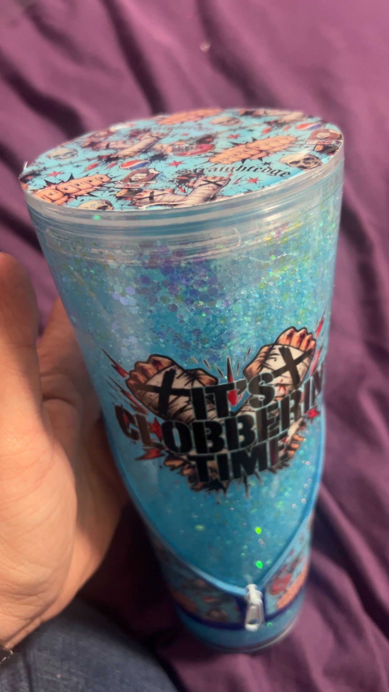 Clobberin time zipper snowglobe tumbler