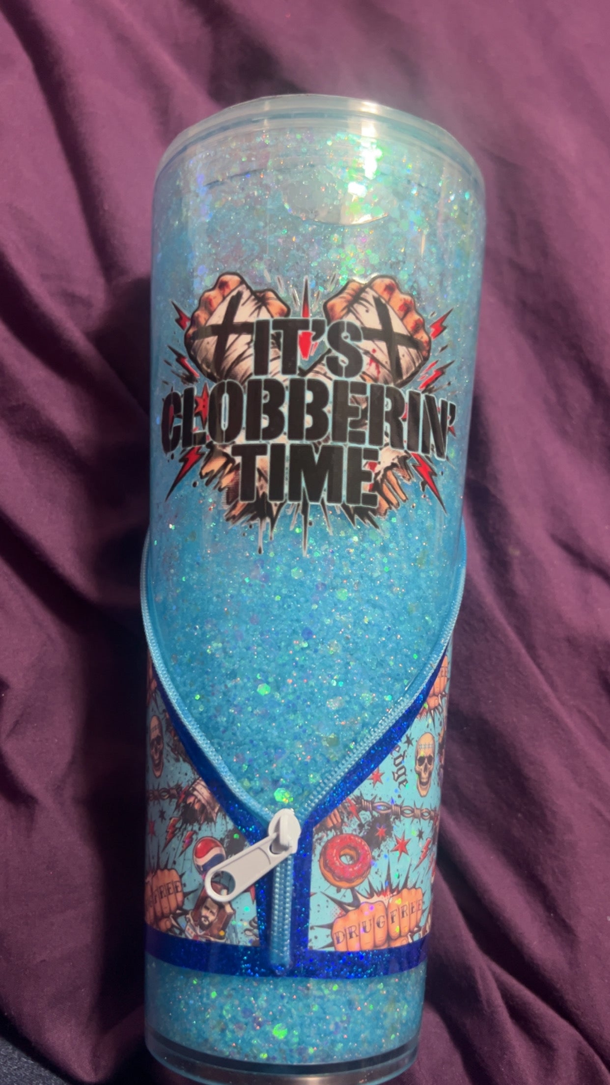 Clobberin time zipper snowglobe tumbler